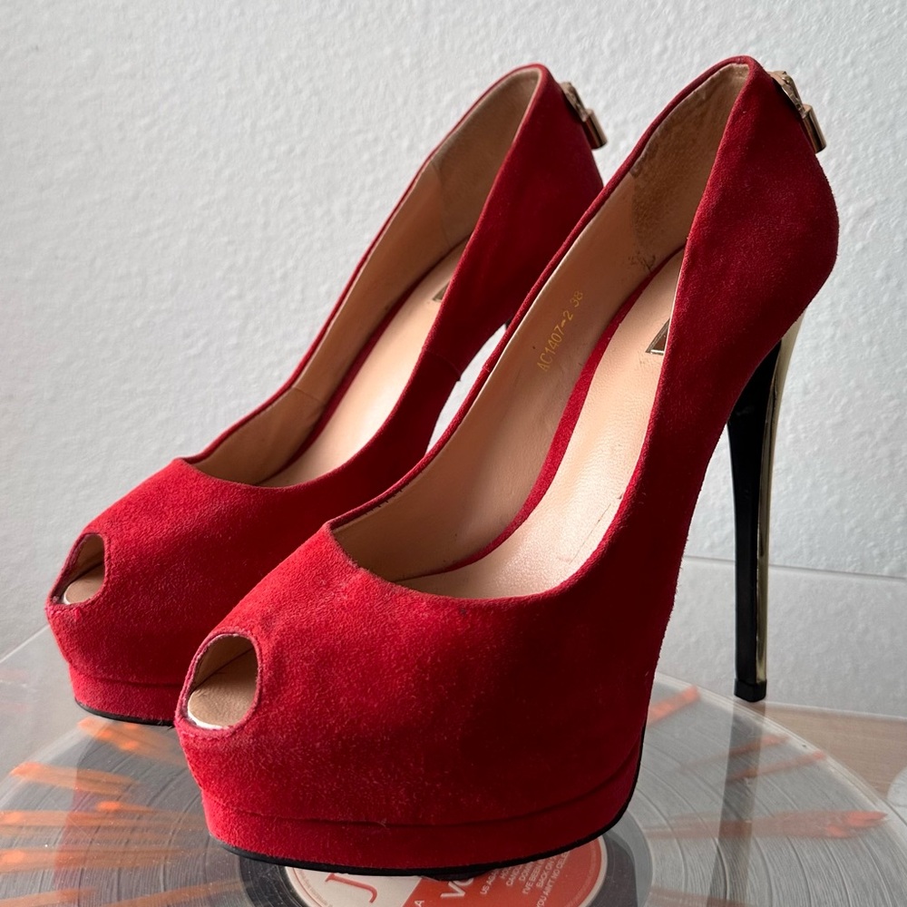 Red heels, peep-toe pumps, high heels , elegant footwear, party shoes, size 8